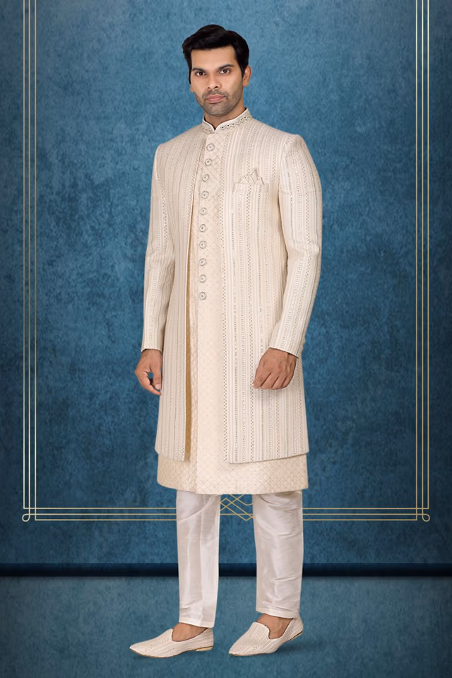 Off-White, Cream And Gold Fascinating Jacket Sherwani — back view, rent in Bangalore