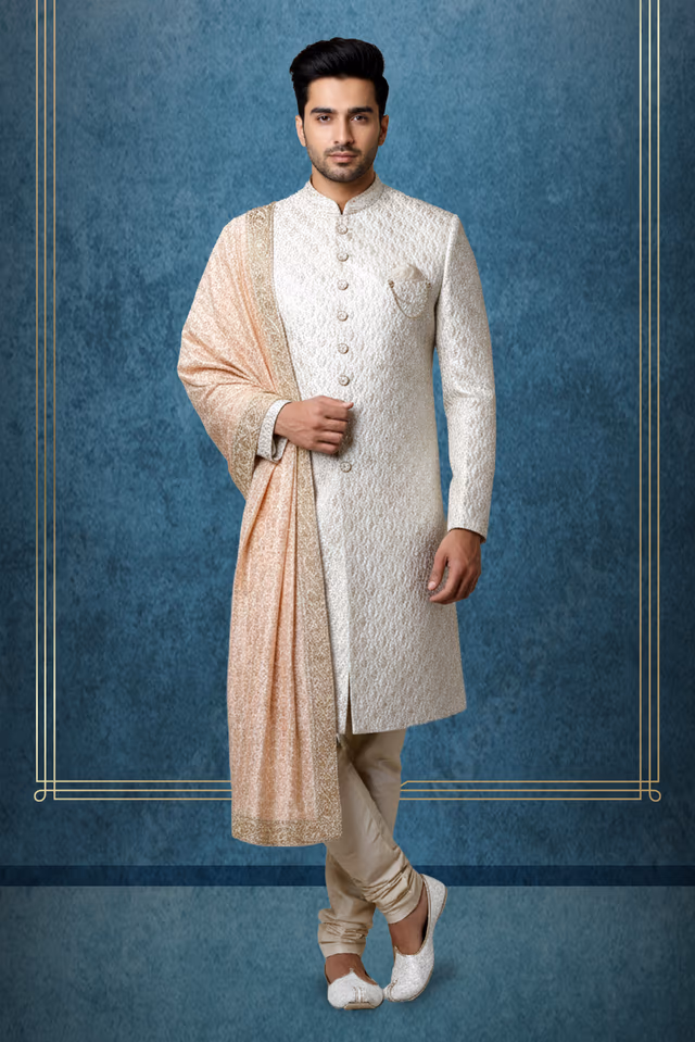 Stunning Off White Sherwani Featured With Intricate Sequins And Beadwork. Its Long Silhouette Is Accented… — rent in Calicut