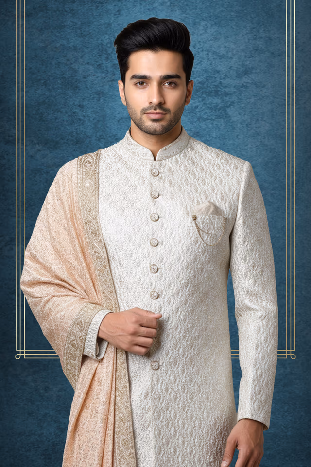 Stunning Off White Sherwani Featured With Intricate Sequins And Beadwork. Its Long Silhouette… — back view, rent in Calicut