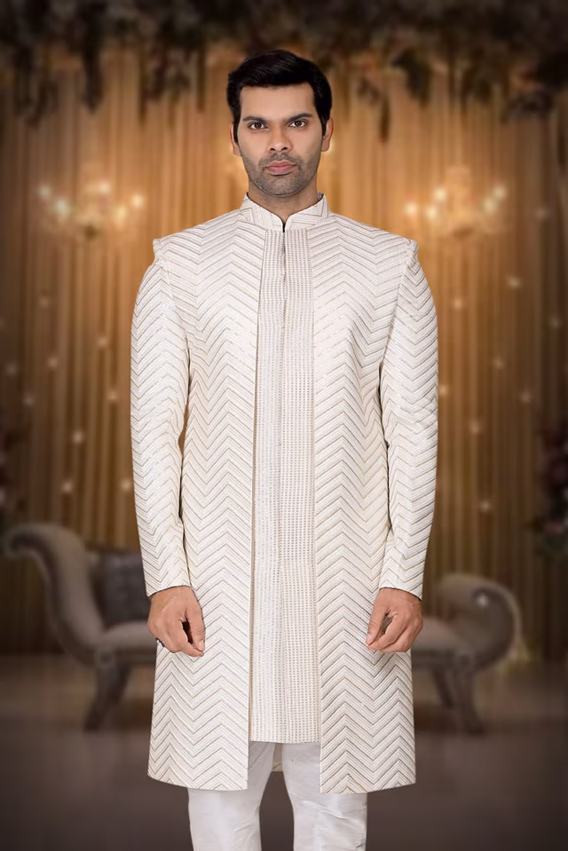 Off-White And Gold Elegant Jacket Sherwani — back view, rent in Bangalore