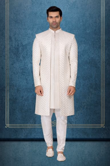 Off-White And Gold Elegant Jacket Sherwani — rent in Bangalore