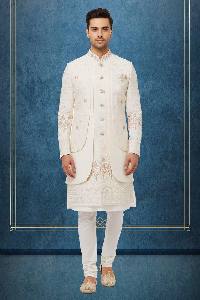 Off White Grooms Sherwani With Heavy Threadwork Details Along With Same Color Pant — rent in Calicut