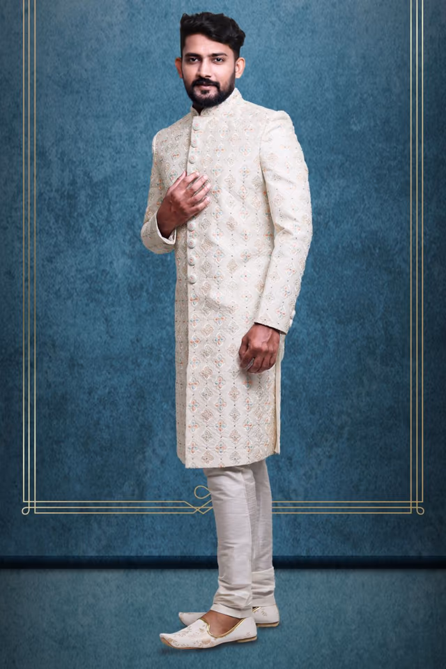 Off-White Lavish Designer Sherwani — back view, rent in Bangalore