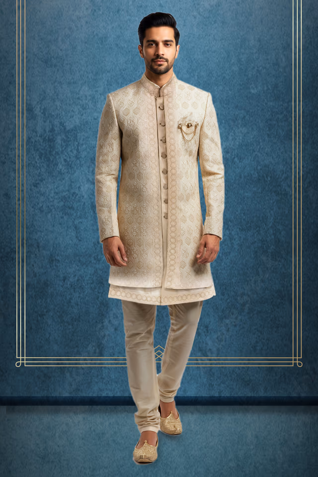 Elegant Off White Sherwani Set With Richly Detailed Paisley Embroidered Shawl — rent in Calicut