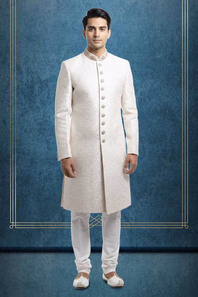 Ornate Cream Wedding Sherwani Featuring Intricate Floral Embroidery Detail — rent in Calicut