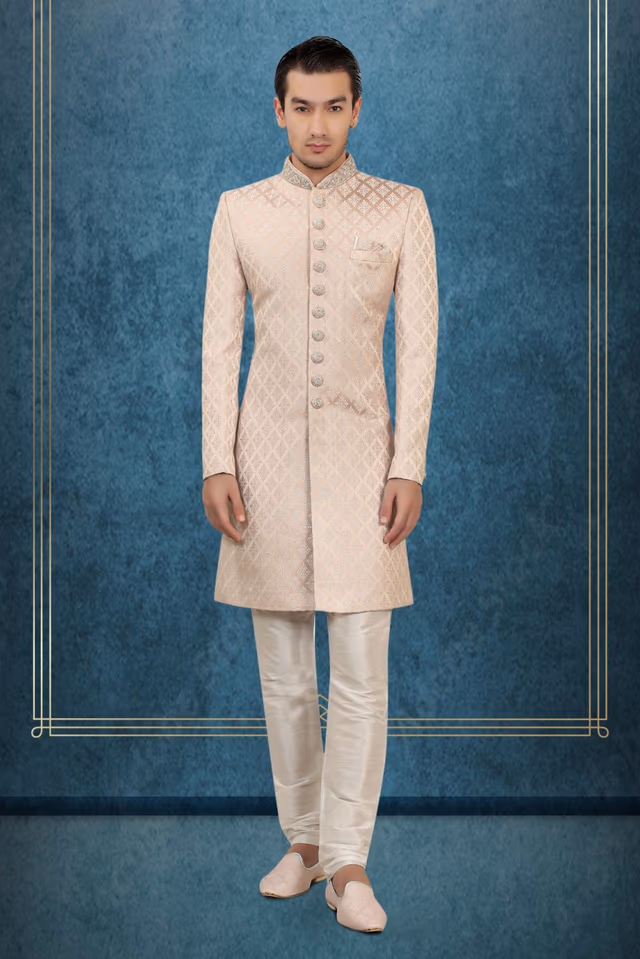 Pale Lilac And Silver With Silky Jacquard Fabric Sherwani — back view, rent in Coimbatore