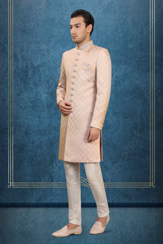 Pale Lilac And Silver With Silky Jacquard Fabric Sherwani — rent in Coimbatore