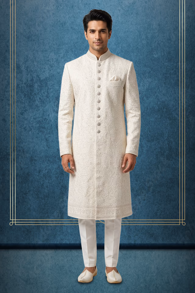 Pastel Cream Sherwani with Intricate Thread and Stone Work — rent in Bangalore