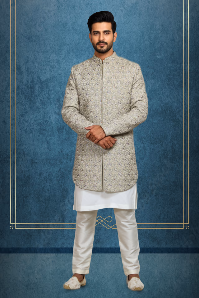 Pastel Green 2 Pc Grooms Sherwani With White Pajama Pants — rent in Calicut