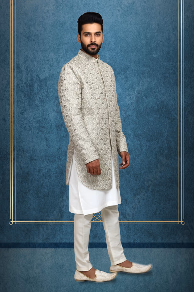 Pastel Green 2 Pc Grooms Sherwani With White Pajama Pants — back view, rent in Calicut