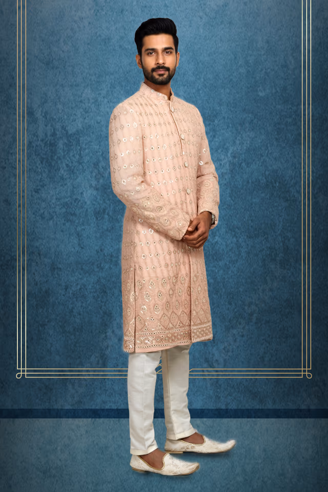 Pastel Peach Grooms Sherwani With Work On Front And White Colour Pajama Pant — back view, rent in Calicut