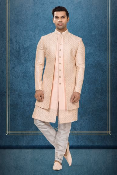 Peach Brocade Layered Sherwani — rent in Coimbatore