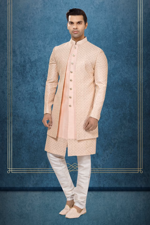 Peach Brocade Layered Sherwani — back view, rent in Coimbatore