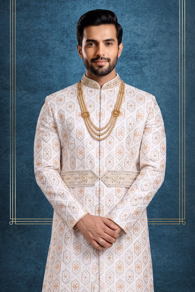 Peach Empress Jacquard Luxurious Classic Sherwani — back view, rent in Kochi