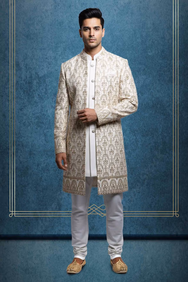 Pearl White Grooms Sherwani With Heavy Golden Threadwork Details Along With Same Color Pant — rent in Calicut