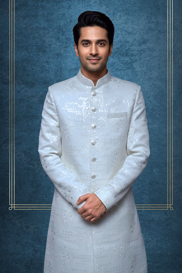 Pearl White Sherwani with Vertical Lines and Subtle Floral Bloom Embroidery — back view, rent in Bangalore