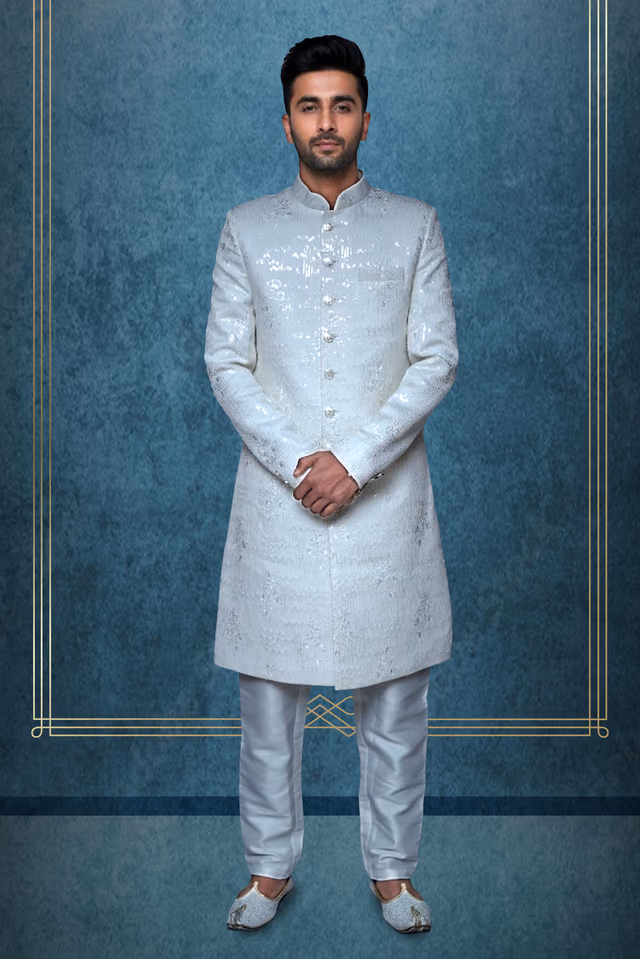 Pearl White Sherwani with Vertical Lines and Subtle Floral Bloom Embroidery — rent in Bangalore