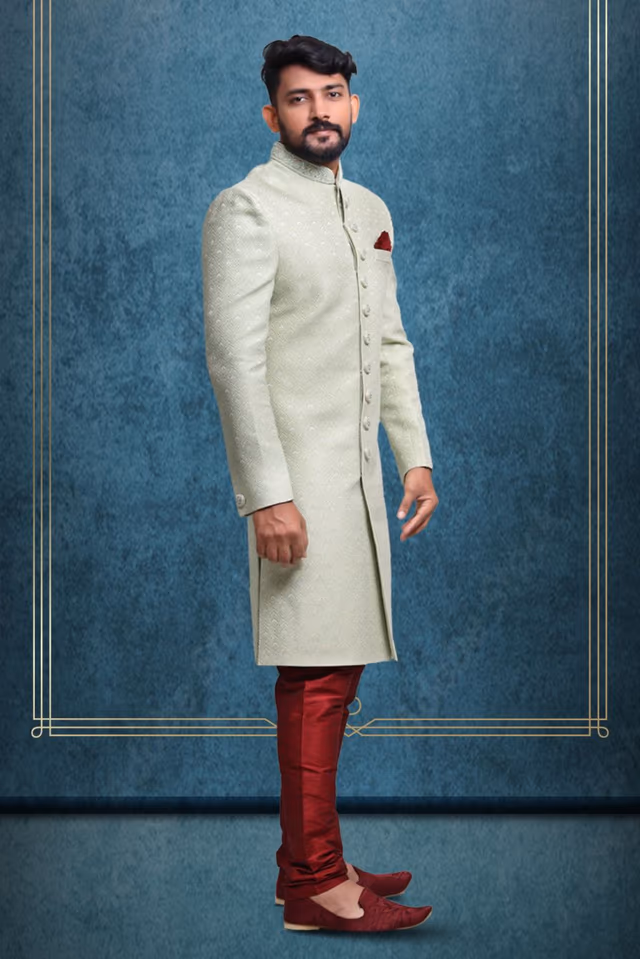 Pista Green Modish Classic Sherwani — back view, rent in Bangalore