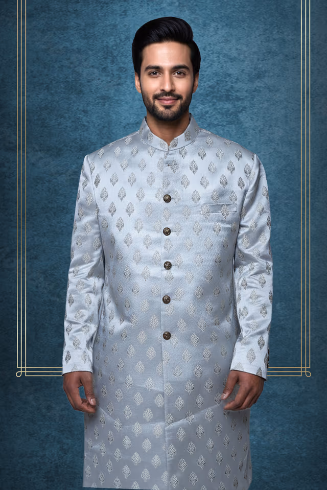 Poly Sherwani in Ash grey — back view, rent in Bangalore