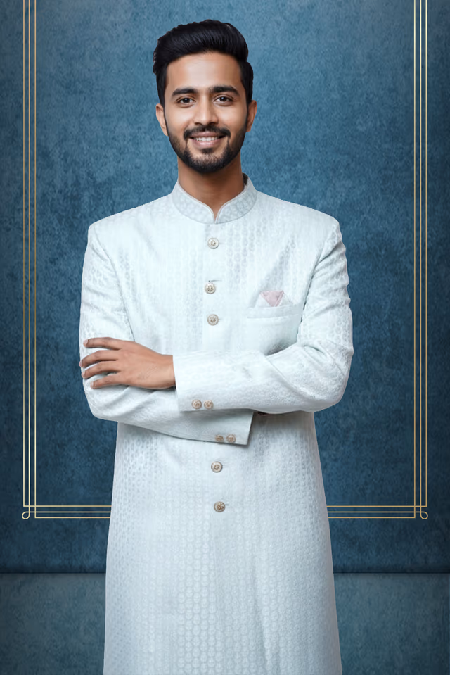 Powder blue sherwani — back view, rent in Bangalore