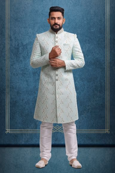 Powder Blue & Gold Fashionable Classic Sherwani — rent in Bangalore