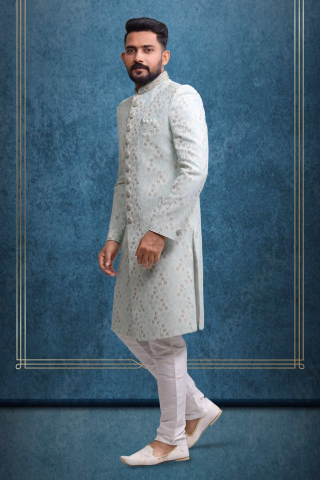 Powder Blue & Gold Fashionable Classic Sherwani — back view, rent in Bangalore