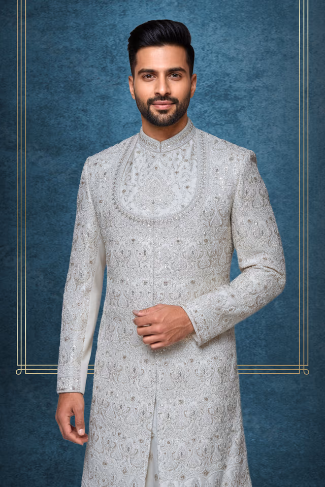 Raw Silk Designer Sherwani with Intricate Threadwork Layered Over Elegant Anarkali Kurta — back view, rent in Bangalore