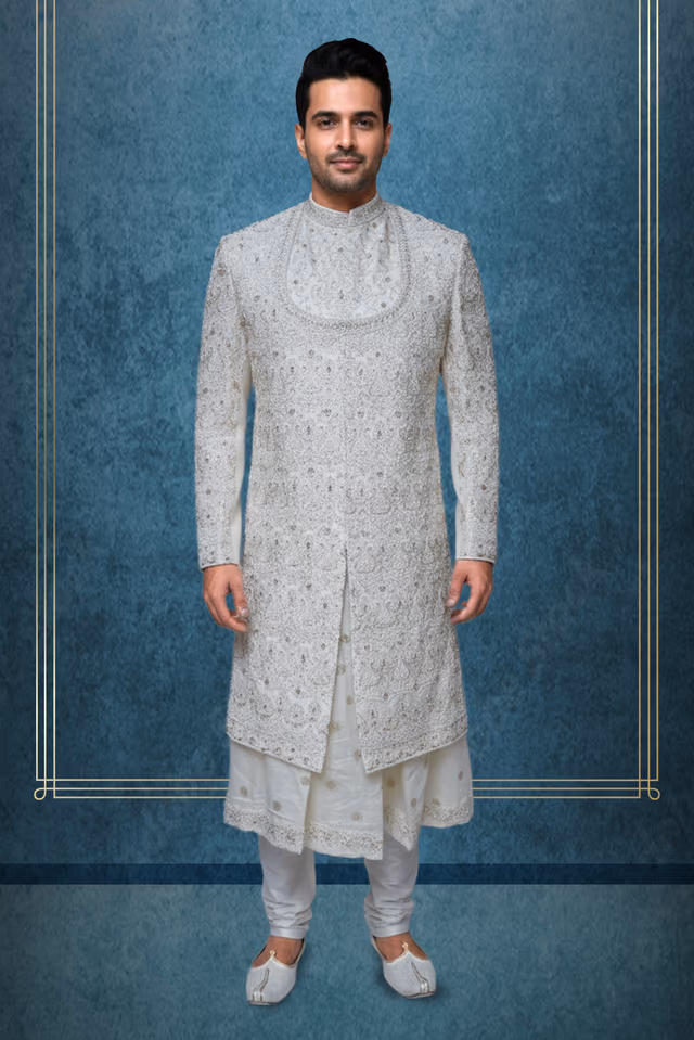 Raw Silk Designer Sherwani with Intricate Threadwork Layered Over Elegant Anarkali Kurta — rent in Bangalore