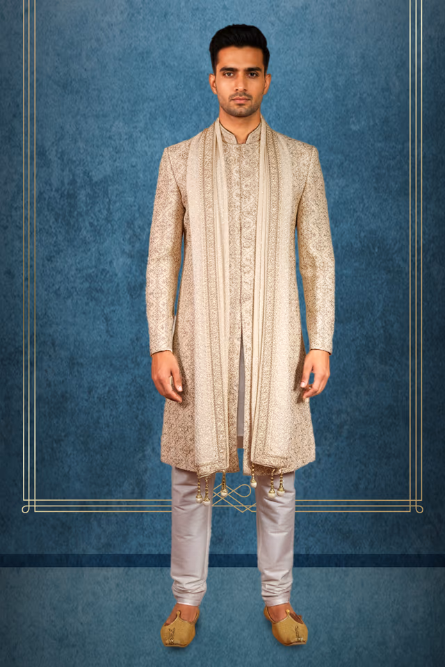 Regal beige-gold sherwani — rent in Bangalore
