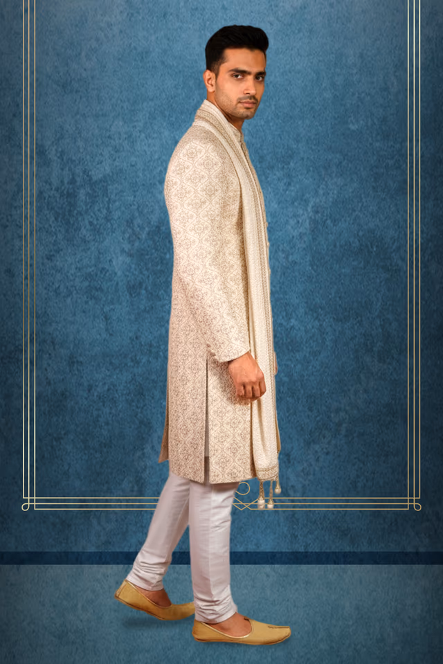 Regal beige-gold sherwani — back view, rent in Bangalore