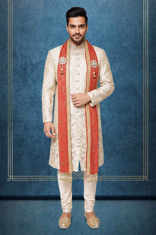 Rich Silk Groom’s Wedding Ensemble with Contrasting Floral Work and Regal Red Dupatta — rent in Bangalore