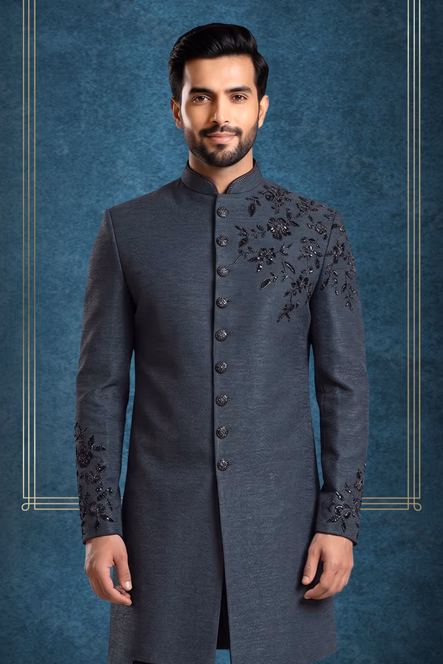 Royal Black Indo-Western Sherwani — back view, rent in Kochi