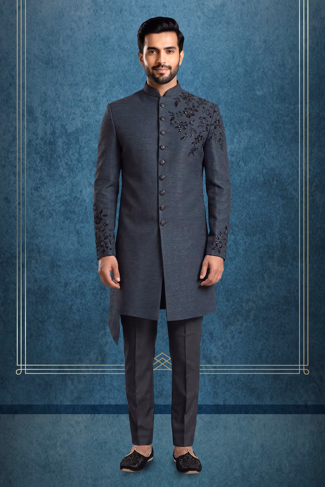 Royal Black Indo-Western Sherwani — rent in Kochi