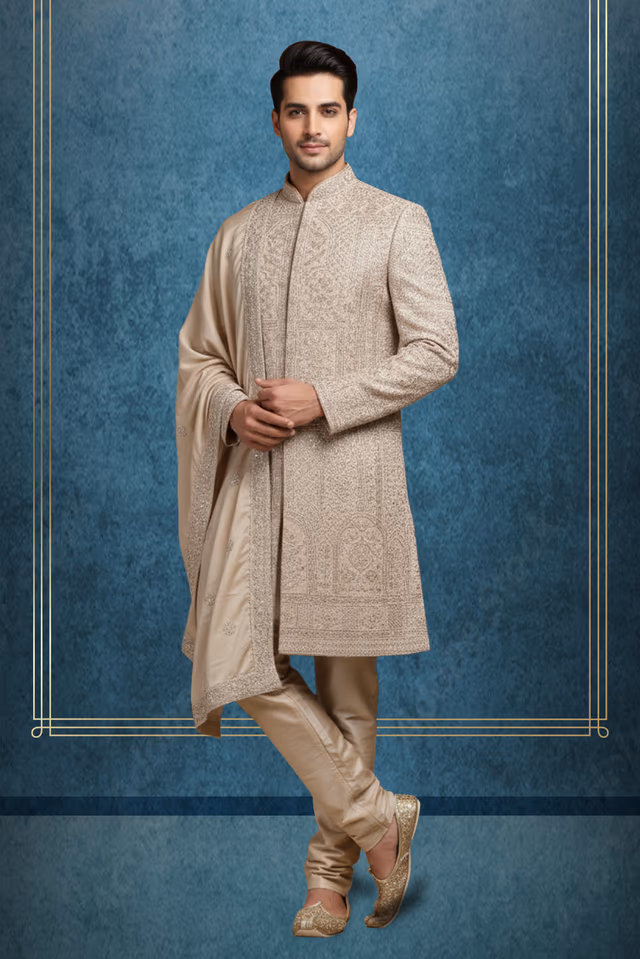 Royal Champagne Gold Sherwani Set Featuring Extensive Floral Embroidery Paired With A Perfectly… — rent in Calicut