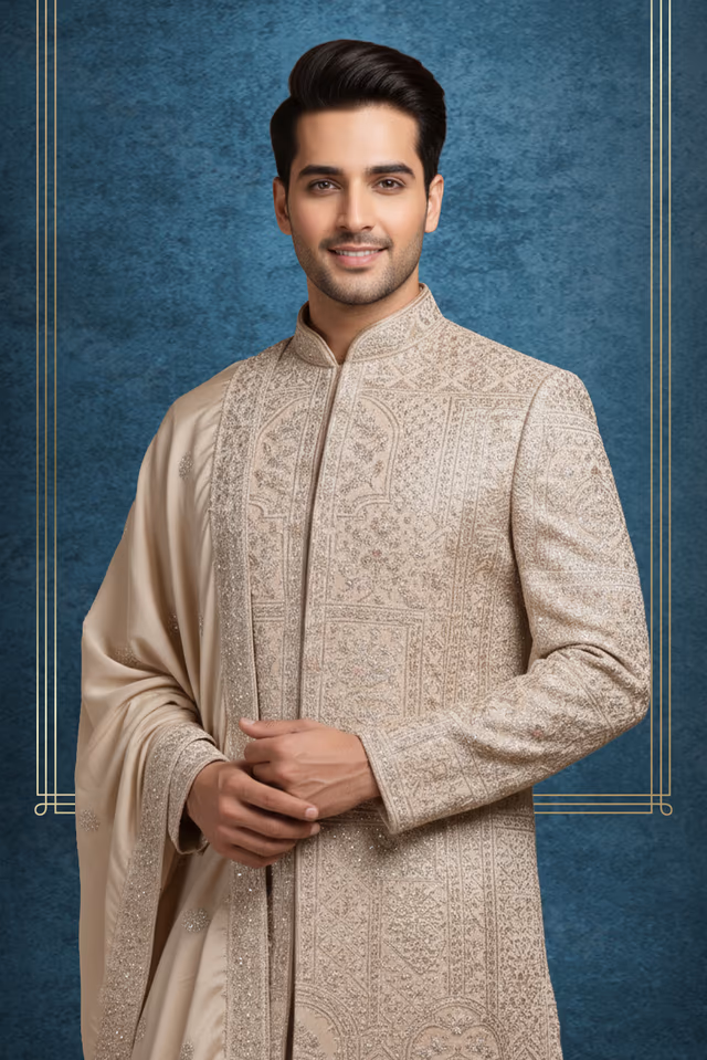 Royal Champagne Gold Sherwani Set Featuring Extensive Floral Embroidery Paired With A… — back view, rent in Calicut
