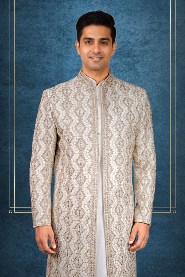 Royal Heritage Ivory Sherwani — back view, rent in Bangalore