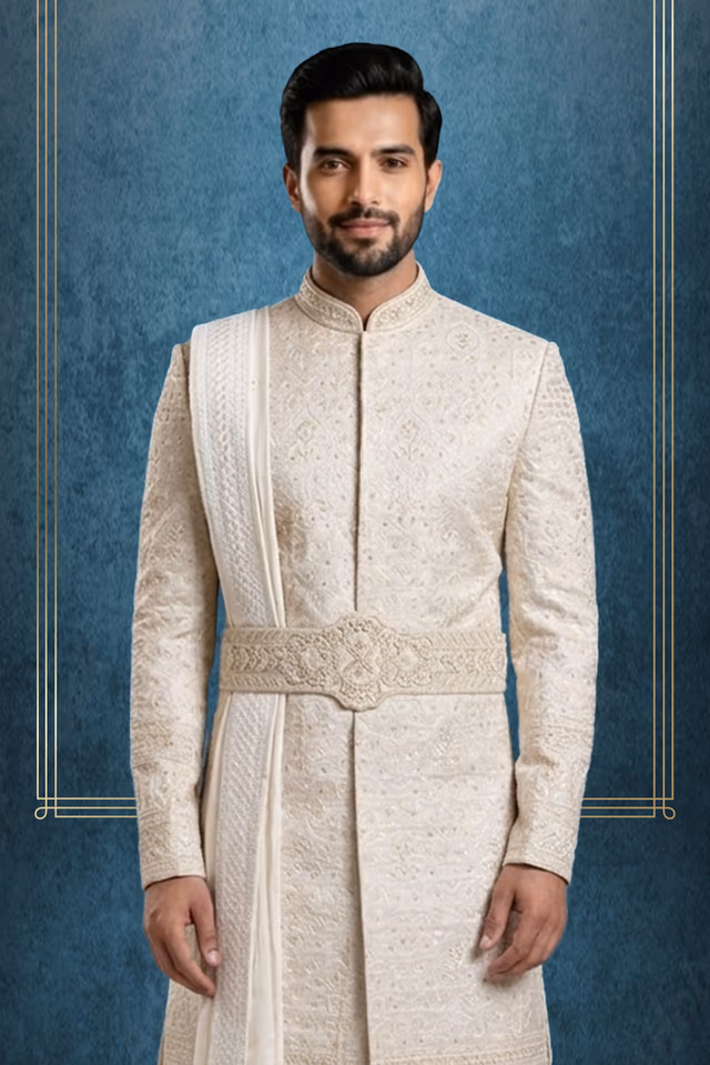 Royal Ivory Embroidered Sherwani Set with Dupatta & Belt — back view, rent in Kochi