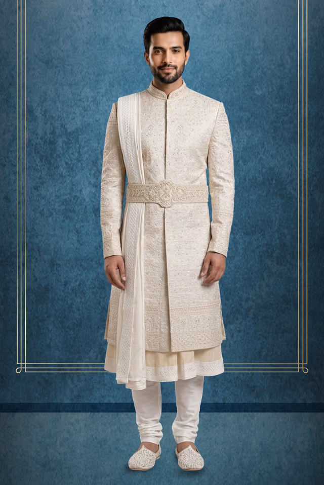 Royal Ivory Embroidered Sherwani Set with Dupatta & Belt — rent in Kochi