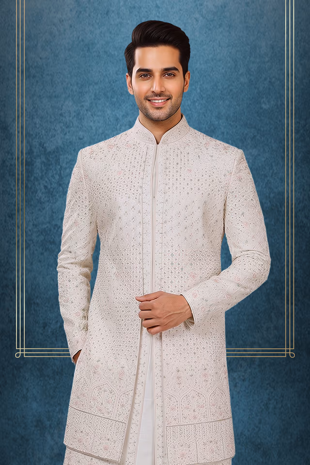 Royal Ivory White Embroidered Sherwani Set with Churidar — back view, rent in Kochi