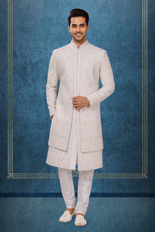 Royal Ivory White Embroidered Sherwani Set with Churidar — rent in Kochi
