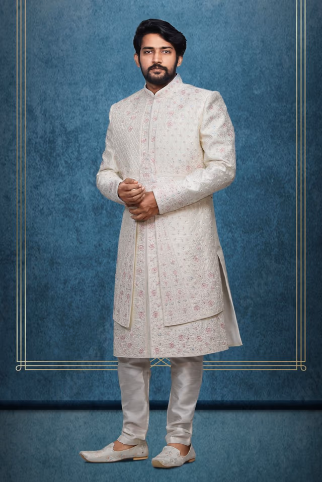 Royal White  And Pink Silk Grooms Sherwani — rent in Bangalore