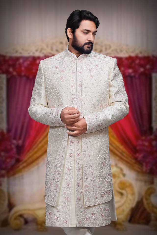 Royal White  And Pink Silk Grooms Sherwani — back view, rent in Bangalore