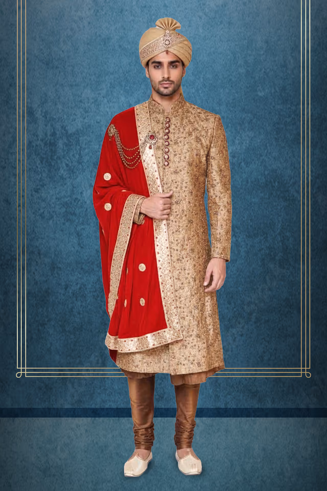 Silk golden sherwani with red dupatta — rent in Bangalore