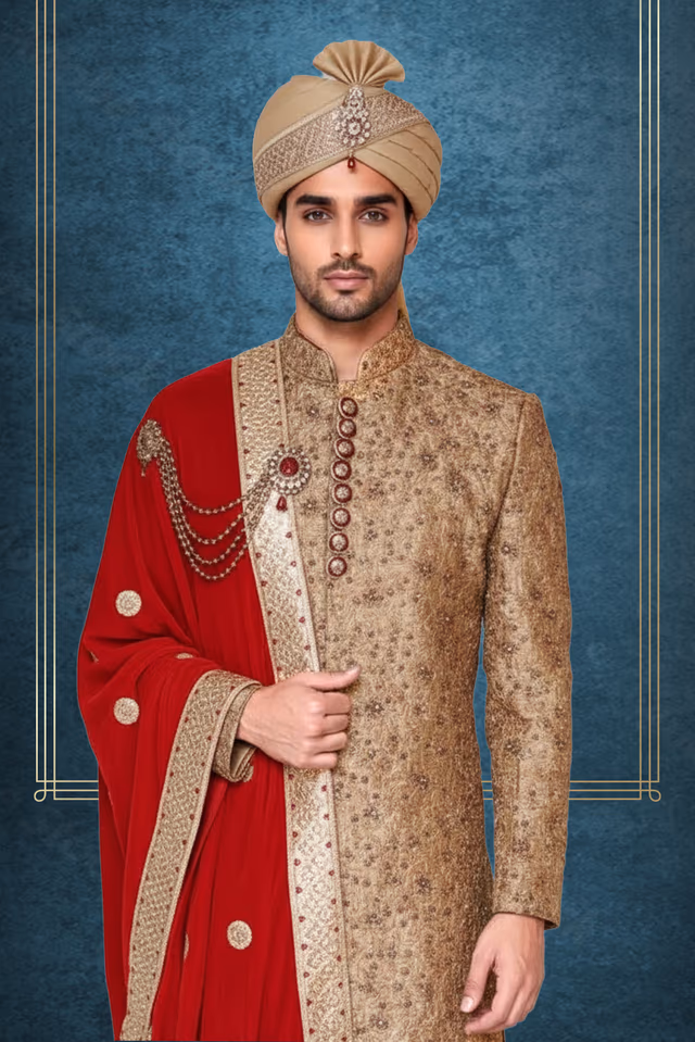 Silk golden sherwani with red dupatta — back view, rent in Bangalore