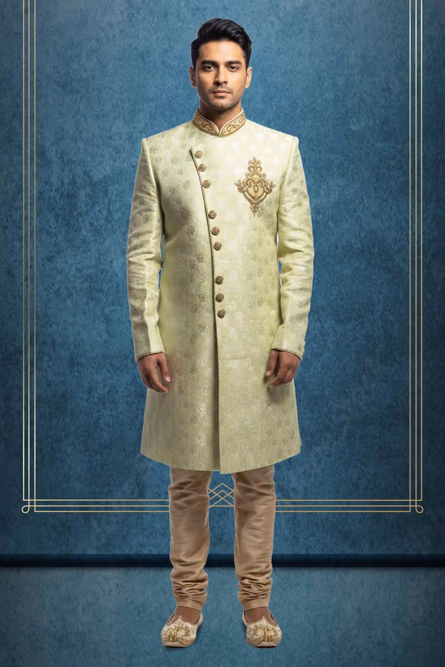 Soft Pastel Pistachio Green Sherwani  With Ivory Crushed  Pants — rent in Coimbatore