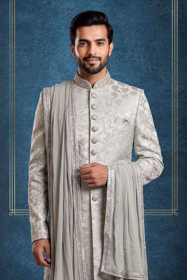 Stylish Classic Sherwani — back view, rent in Kochi