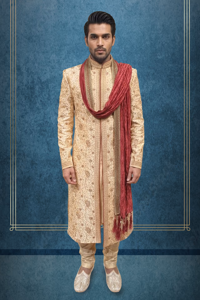 Thread worked sherwani along with a maroon color shawl — rent in Coimbatore