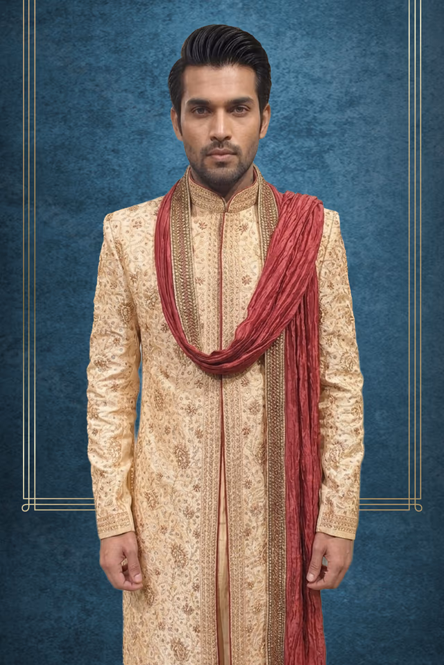 Thread worked sherwani along with a maroon color shawl — back view, rent in Coimbatore