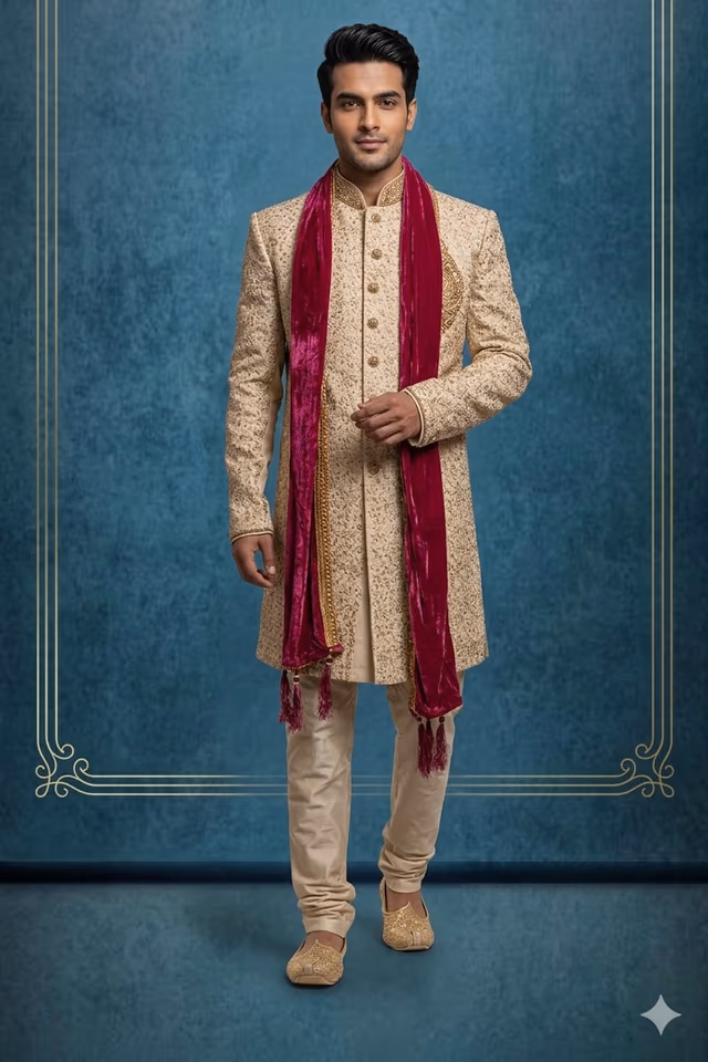 Heavy Thread Worked Golden beige Sherwani with Maroon Dhuppatta — rent in Coimbatore