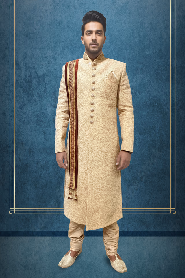 Heavy Thread Worked Golden beige Sherwani with Merroon Dhuppatta — rent in Coimbatore